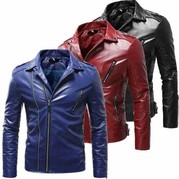 2023 nuovi uomini neri antivento giacca in pelle da motociclista Rosso Marrone Blu PU Cappotto Fi Casual Cappotto maschile Tops Capispalla S-4XL 5XL t3hf #