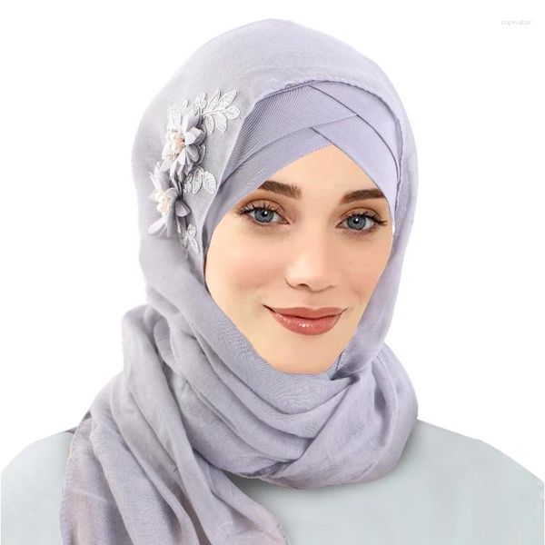 Schals 2 teile/los Glänzende Blume Muslimischen Hijabs Schal Stirn Kreuz Hut Mit Chiffon Innen Motorhaube Convinient Headwrap