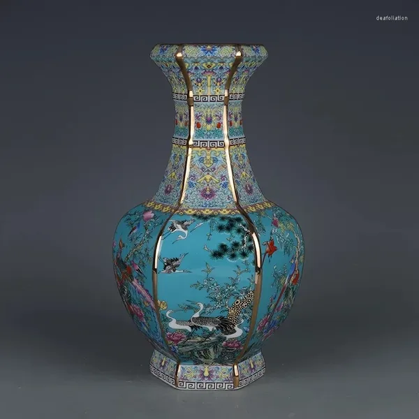 Vasi Vaso esagonale smaltato Qianlong con motivo a fiori e uccelli in ceramica Jingdezhen blu antico