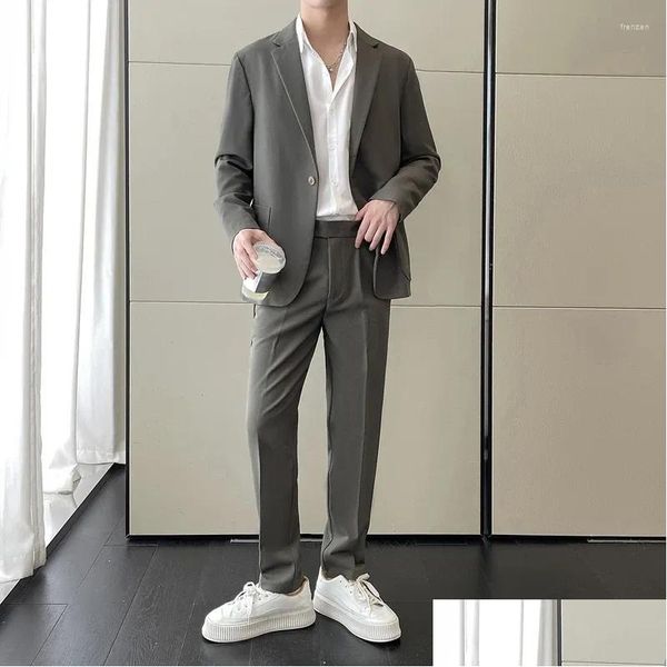 Mens Suits Blazers Düz Renkli Takım Erkekler İnce Moda Sosyal Elbise Seti Yüksek kaliteli resmi blazer pantolon ofis m-2xl damla teslimat Appa OTVV0