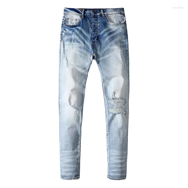 Мужские джинсы 2024, модные брендовые уличные градиентные синие рваные нашивки, винтажные хлопковые брюки, байкерские узкие джинсовые брюки