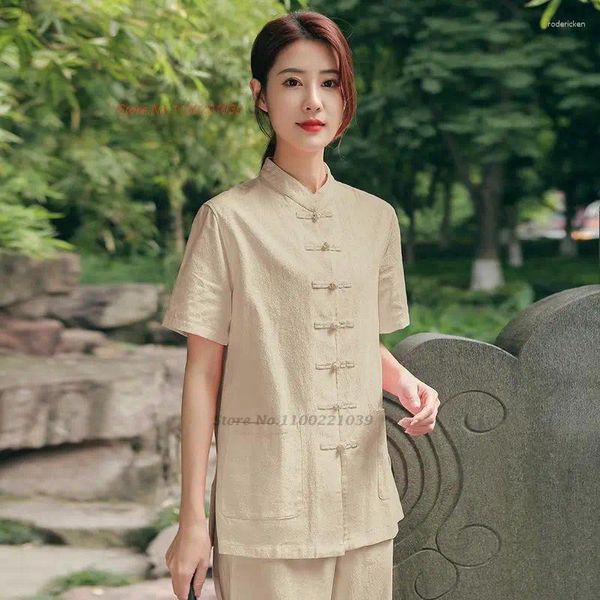 Roupas étnicas 2024 Chinês Tradicional Budista Meditação Zen Terno Vintage Algodão Serviço de Linho Hanfu Blusa Calças Set Yoga Tai Chi