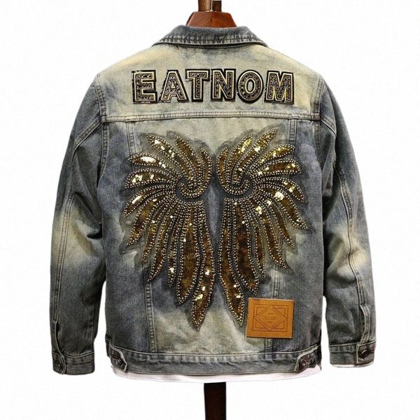 Fi Nostalgic Giacca di jeans da uomo Retro Classic Wings Sequin Design Trendy Casual Menswear Giacca da motociclista S7C0 #