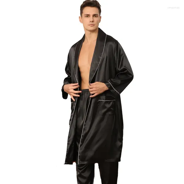 Pigiama da uomo in seta vestaglia pantaloni pigiama set da uomo 2 pezzi abiti estivi manica lunga kimono casa morbido abito da bagno solido