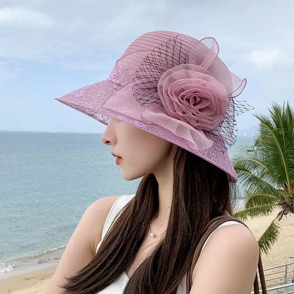 Chapéus de borda larga vintage elegante flor sol senhoras festa de casamento chapéu para mulheres verão anti-uv viagens praia bonés