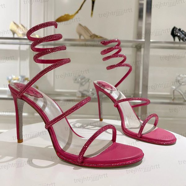 Rene Caovilla Sandálias de verão stiletto Mulheres Strass Tornozelo Cobra Envolvente Sapatos de Noite Senhora Gladiador Sandálias Designers de Luxo Sapatos de Casamento de Salto Alto