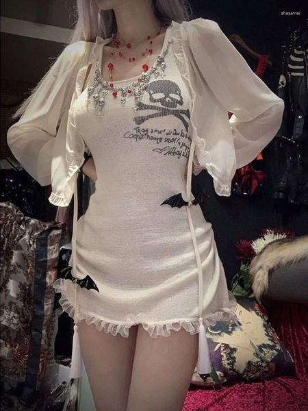 Vestidos casuais hikigawa chique moda streetwear gótico mulheres camisola mini verão sexy magro vintage y2k crânio impressão vestidos mujer