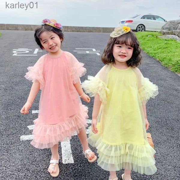 Abiti da ragazza 2024 Estate coreana Belle Girl Dress Tulle Orlo manica Kid Girl Princess Dress Solid Bilayer Bubble Manica corta Infant Girl Dress yq240327