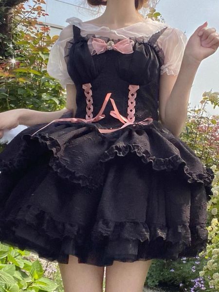 Abiti casual 2024 Estate Lolita Dolce mini abito da donna senza maniche anche da festa Kawaii nero cinturino vintage un pezzo moda coreana