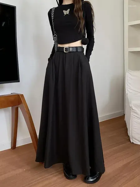 Saias coreano preto cintura alta plissado mulher cinza terno saia feminina 2024 outono senhoras casual moda bege festival a-line longo