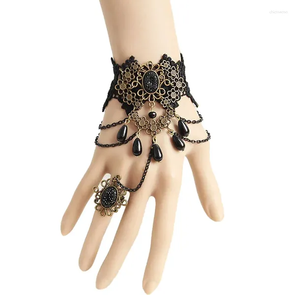 Halskette Ohrringe Set handgefertigte Perlen Tropfen Ausschnitt Blumenstein geschichtete Kette schwarze Spitze Armband verstellbarer Ring Sklavenarmband Gothic Retro
