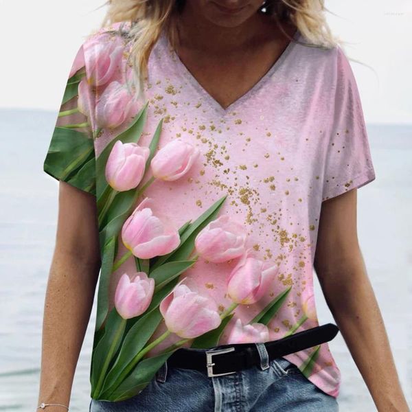 Frauen T Shirts 2024 Top Frauen Tulpen Gedruckt Übergroßen T-Shirt Sommer Kleidung Floral V-ausschnitt T-shirts Weibliche Mode