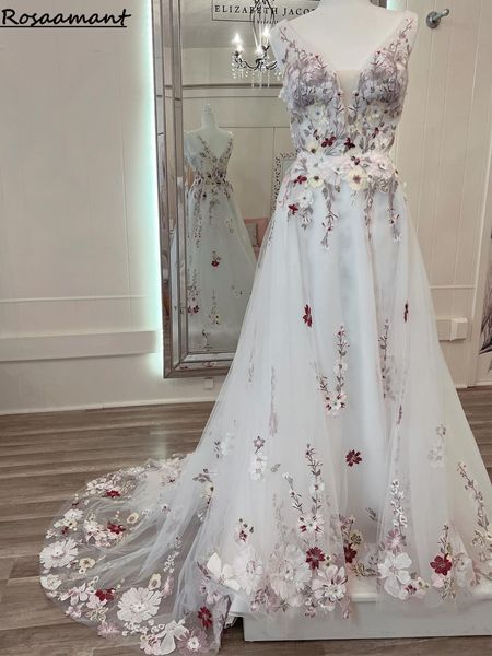 2024 uma linha bordado flor selvagem colorido vestido de casamento feito sob encomenda mergulhando decote em v nua volta flor sonho vestidos de noiva