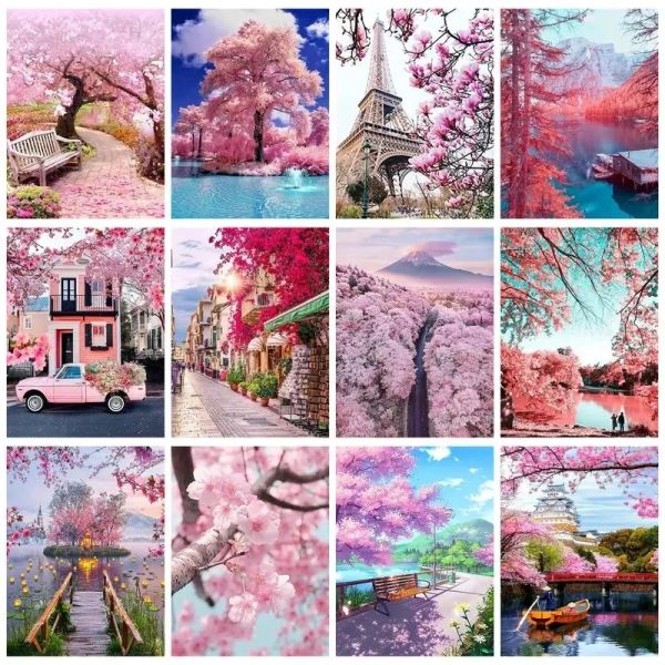 Álbums Gatyztory 5d Diamond Pintura com quadro Flores rosa paisagem cruza casca decors artesanato diy para adultos pintura em mosaico