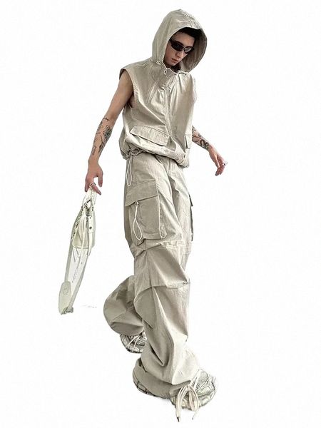 houzhou Cargo Pants Define Colete Com Capuz Verão 2 Peça Outfit Japonês Sleevel Terno Masculino Coreano Streetwear Hip Hop Plus Size 5XL 79uS #