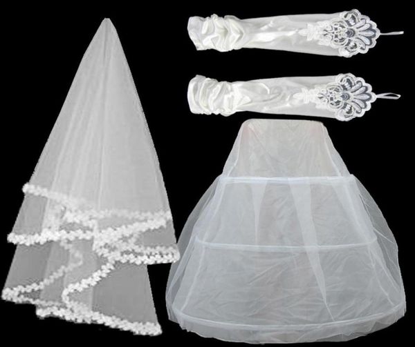 Conjunto 3 em 1 novo vestido de casamento renda véu de noiva em estoque luvas de gaze de cetim elástico anágua três peças acessórios de noiva 1282254