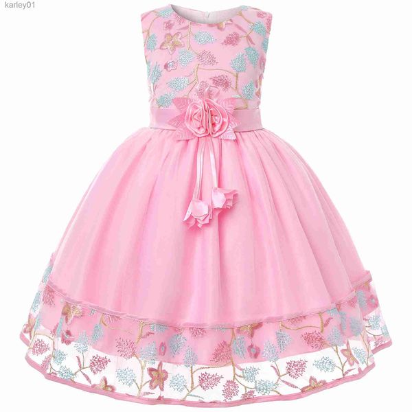 Vestidos da menina vestido bordado europeu e americano meninas festa rendas vestido de princesa flor criança net gaze pengpeng vestido yq240327