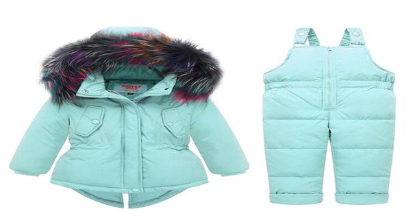 Set di abbigliamento per bambina per bambini 25 gradi Russia Inverno 100 Cappotto con cappuccio in pelliccia colorata naturale Tuta complessiva Tuta per bambini da neve3416555