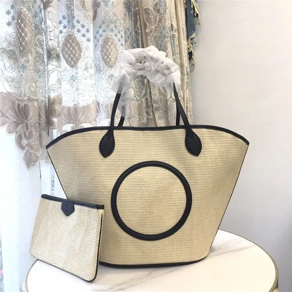 Designer Luxus SUNJACK Tote Petit Bucket Raffia Palm Totes M59808 Straw Noir Natural Schultertaschen offen mit kleiner Tasche