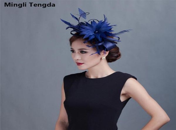 Mingli Tengda Fascinators eleganti da sposa Cappelli neri Piuma di lino Cappello da sposa Accessori per capelli da donna Alla moda per la festa di nozze Br9596940