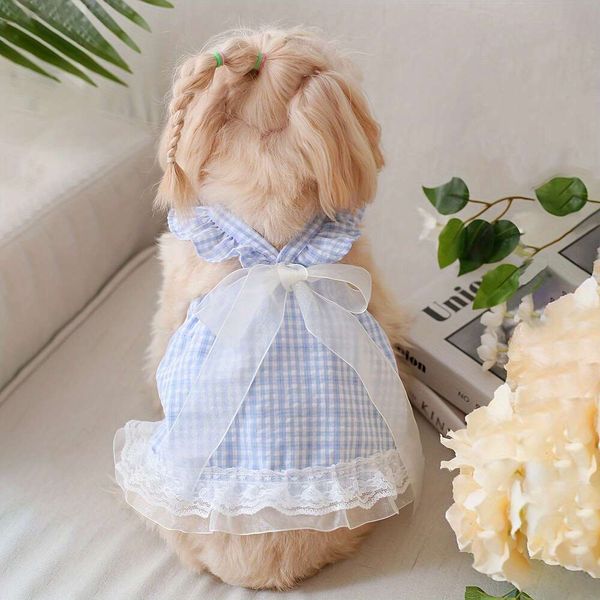 1 peça vestido estilo fada, saia xadrez com acabamento em renda e laço de fita, vestido de festa em casa para cães e gatos de estimação