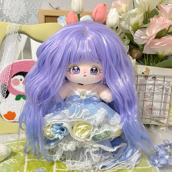 Articoli per feste Immagine reale di bambola di cotone da 20 cm viola blu sfumato capelli arricciati parrucca parrucche ad alta temperatura copertura parrucca lunga arricciata per cosplay cerchio testa 33-36 cm