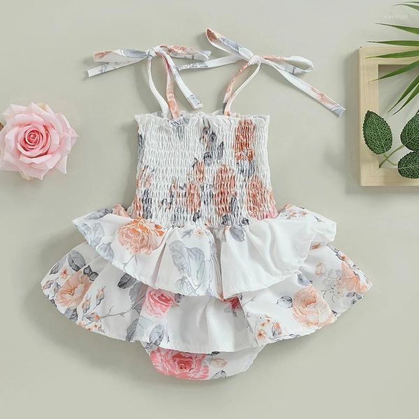 Pagliaccetti Baby Girl Summer Lace Elastico Stampato Pagliaccetto Abito Casual Dolce Senza Maniche Spalla Collo Quadrato Stampa Floreale Tuta