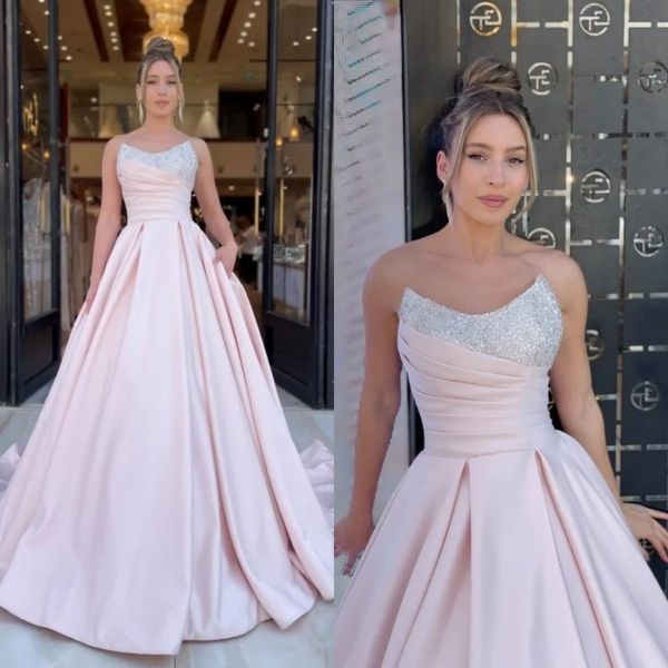 Elegante vestido de noite rosa, linha, cristal, frisado, gola, sem alças, formal, festa, baile, vestidos com babados, para ocasiões especiais