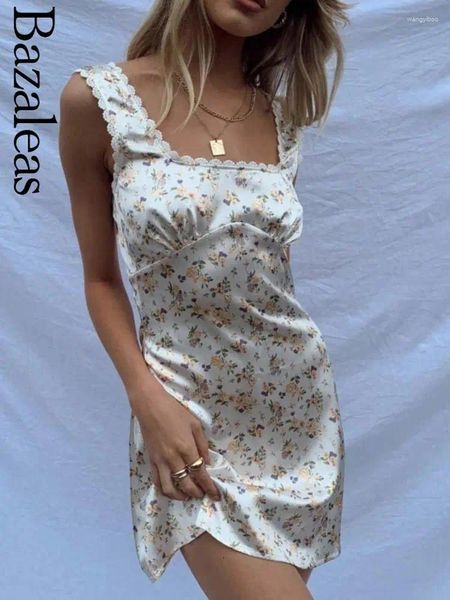 Vestidos casuais bazaleas-mulheres cetim floral impressão mini tanque vestido elegante renda retalhos magro uma peça sexy 2024