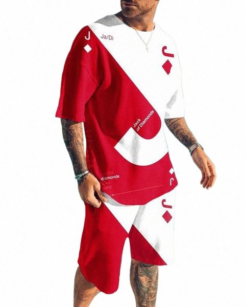 Summer Men Trailsuit T-Shirt Şort 2 Parçası Set Poker J 3D Baskılı Sıradan Takım Kısa Kollu Sokak Giyim Büyük Boy Erkek Giyim R6UG#