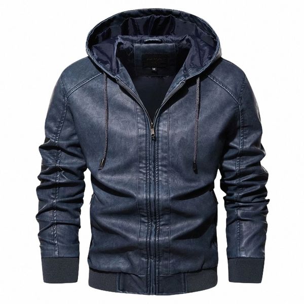 Herbst Männer mit Kapuze Leder Motorradjacke Fi Slim Reißverschluss Vintage Lokomotive Kunstleder Jacken Blau Windjacke Mantel l75g #