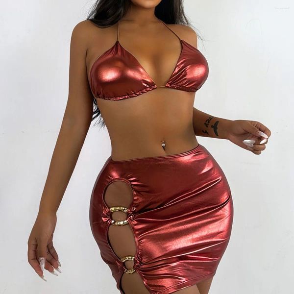 Costume da bagno donna 3 pezzi bikini metallizzato luminoso 2024 costume da bagno scavato cover up costume da bagno fasciatura senza schienale lucido scintillante