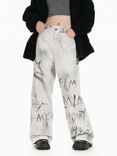 Jeans da donna Sporchi Grunge Graffiti Denim bianco per le donne Ragazze Y2k Distressed Punk Goth Pantaloni a gamba larga Pantaloni Streetwear