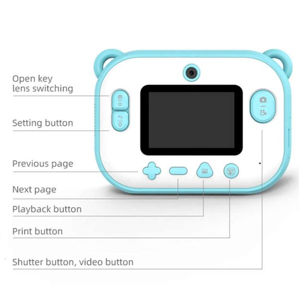 Simpatica fotocamera istantanea HD per bambini con doppia lente, flash LED, schermo IPS, registrazione video, foto adesive fai da te, regalo perfetto per i bambini