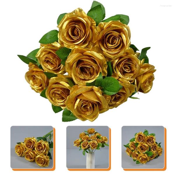 Flores decorativas rosa ouro flor vaso enchimentos para peças centrais buquê decoração artificial rosas falsas de seda