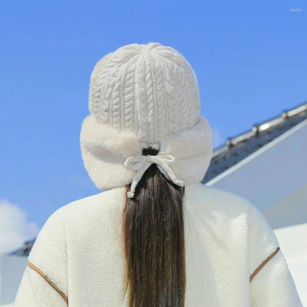 Berretti Cappello lavorato a maglia ispessito da donna Lei Feng invernale con fodera in peluche Design con cordino per protezione termica dell'orecchio