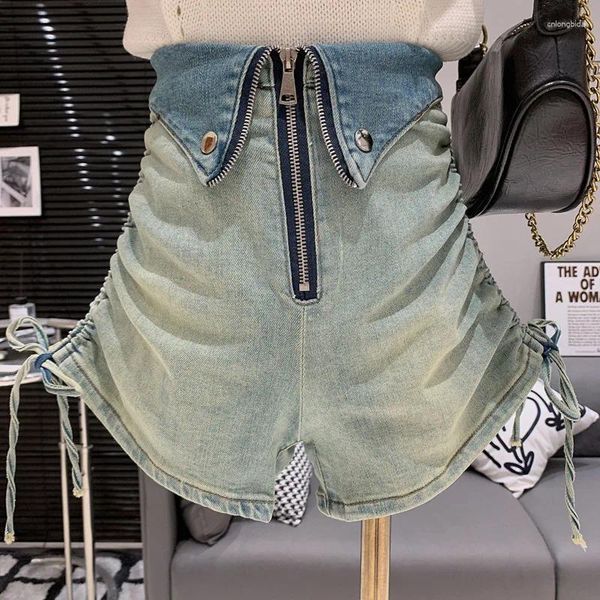 Shorts femininos design vintage levante-se gola cordão plissados cintura alta menina sexy e elegante denim para mulher