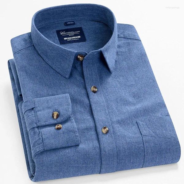 Camisas casuais masculinas 2024 primavera e outono camisa escovada flanela listra cor girando tendência sólida cardigan flip pescoço