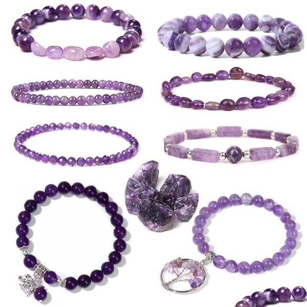 Braccialetti con ciondoli Energia Bracciale con ametista naturale Guarigione Quarzo Viola Pietra di cristallo Gioielli da donna Bracciale maschile Stretch Cure Yoga Relie Otfc3