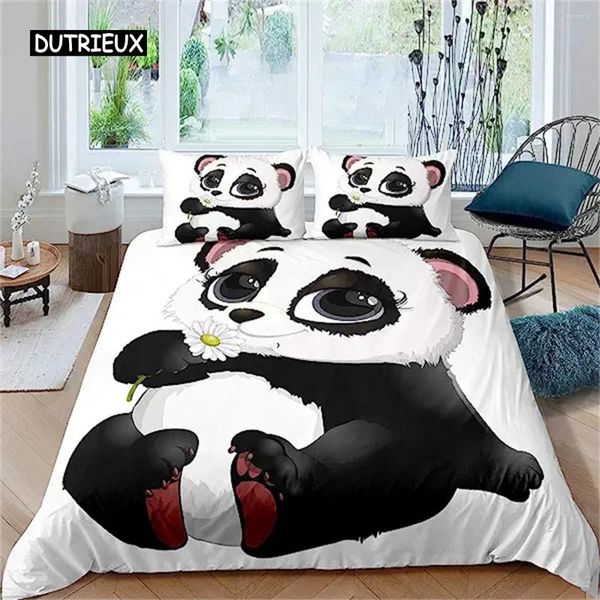 Set di biancheria da letto in bianco e nero copripiumini per panda ragazzi ragazze carine set gigantesche per bambini fumetti decorazioni con pipistrelli