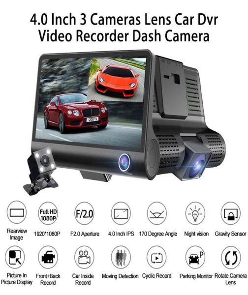 3-Kanal-Auto-DVR, Fahrvideorecorder, automatische Dash-Kamera, 4-Zoll-Bildschirm, FHD 1080P, vorne 170°, hinten 140°, innen 120°, G-Sensor, Parken m7605532