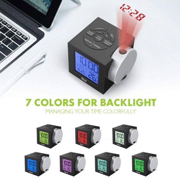 LCD-Projektionswecker mit Hintergrundbeleuchtung, elektronischer Digitalprojektor, Schreibtisch-Temperaturanzeige mit 7 Farben