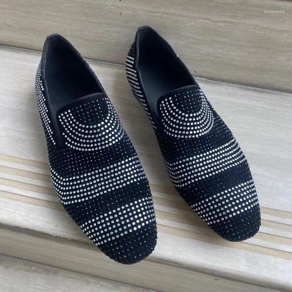 Freizeitschuhe in Schwarz und Weiß, gemischte Farben, für Herren, Strass-Loafer, Wildleder, italienisches Kleid, flache Schuhe, Kristall-Slipper