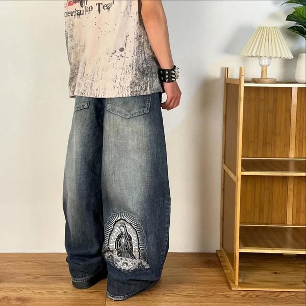 Jeans masculinos vitoriosos baggy retro hip hop padrão bordado calças jeans lavados homens y2k cintura alta calças de perna larga