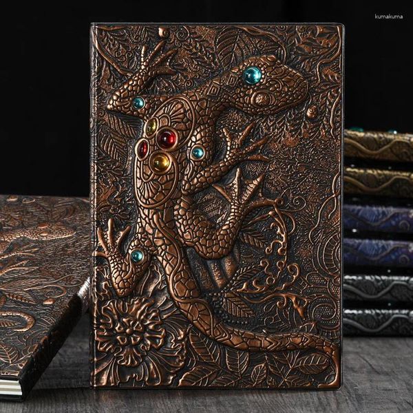 Caderno vintage com capa de couro em relevo 3D Gecko Lizard A5 para material de escritório escolar