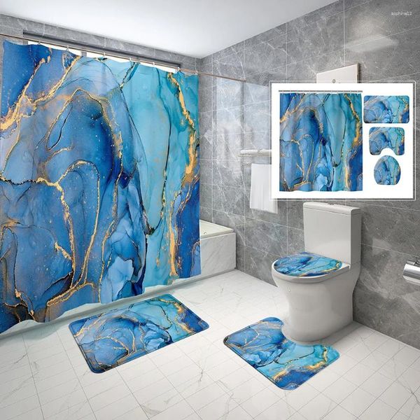 Tende da doccia Set di tende astratte in marmo colorato Trama blu Decorazioni per bagno in arte moderna a strisce dorate