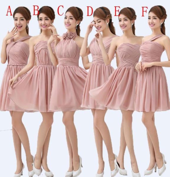 Plissiertes kurzes Chiffon-Brautjungfernkleid Nude Pink Ballkleid Brautjungfern formelle Kleider mit Schnürung 6 Stile gemischt Order1081068