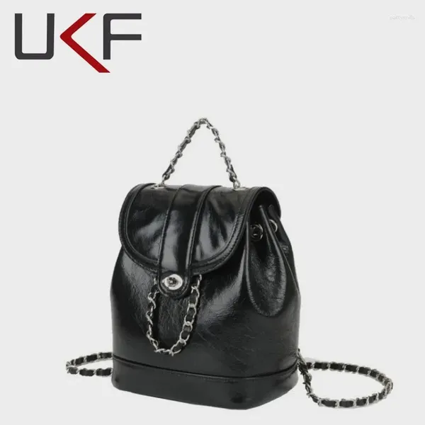 Вечерние сумки UKF 2024, весенний рюкзак с цепочкой, блестящая масляная восковая кожа, винтажная сумка на плечо, подмышки, женский корейский нишевый брендовый кошелек
