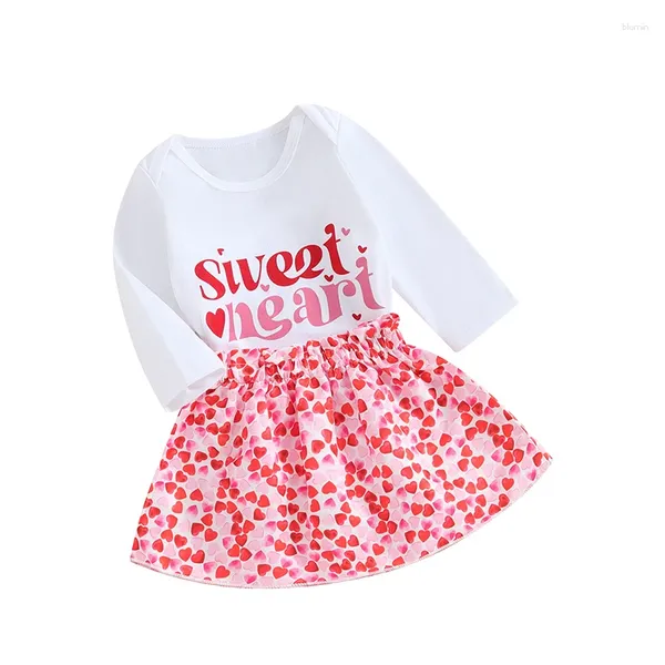 Conjuntos de roupas Primavera Dia dos Namorados Infantil Bebê Meninas Saia Branca Manga Longa Carta Imprimir Romper Tops Heart Set