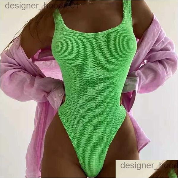 Costume da bagno da donna in tessuto increspato, striscia ondulata, bikini color caramello, costume da bagno per donna, fluorescente a pieghe 230425 Drop Delivery Apparel Otxd6